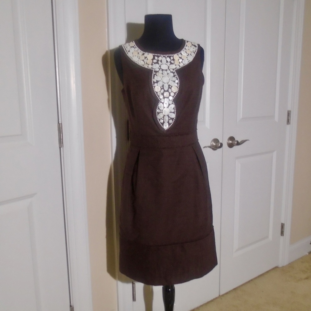 MILLY Chocolate Sleeveless Beaded Shift Dress 2/4